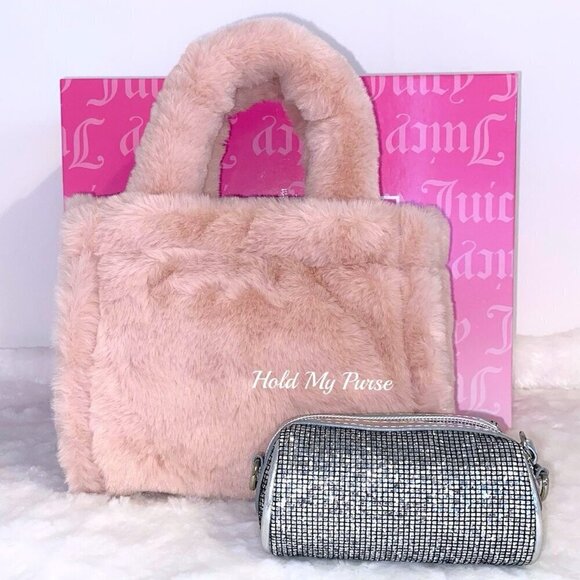 Juicy Couture Bag Faux Fur Plush Purse Pink Mini Tote Bag & Coin Purse Gift Set - Picture 6 of 10